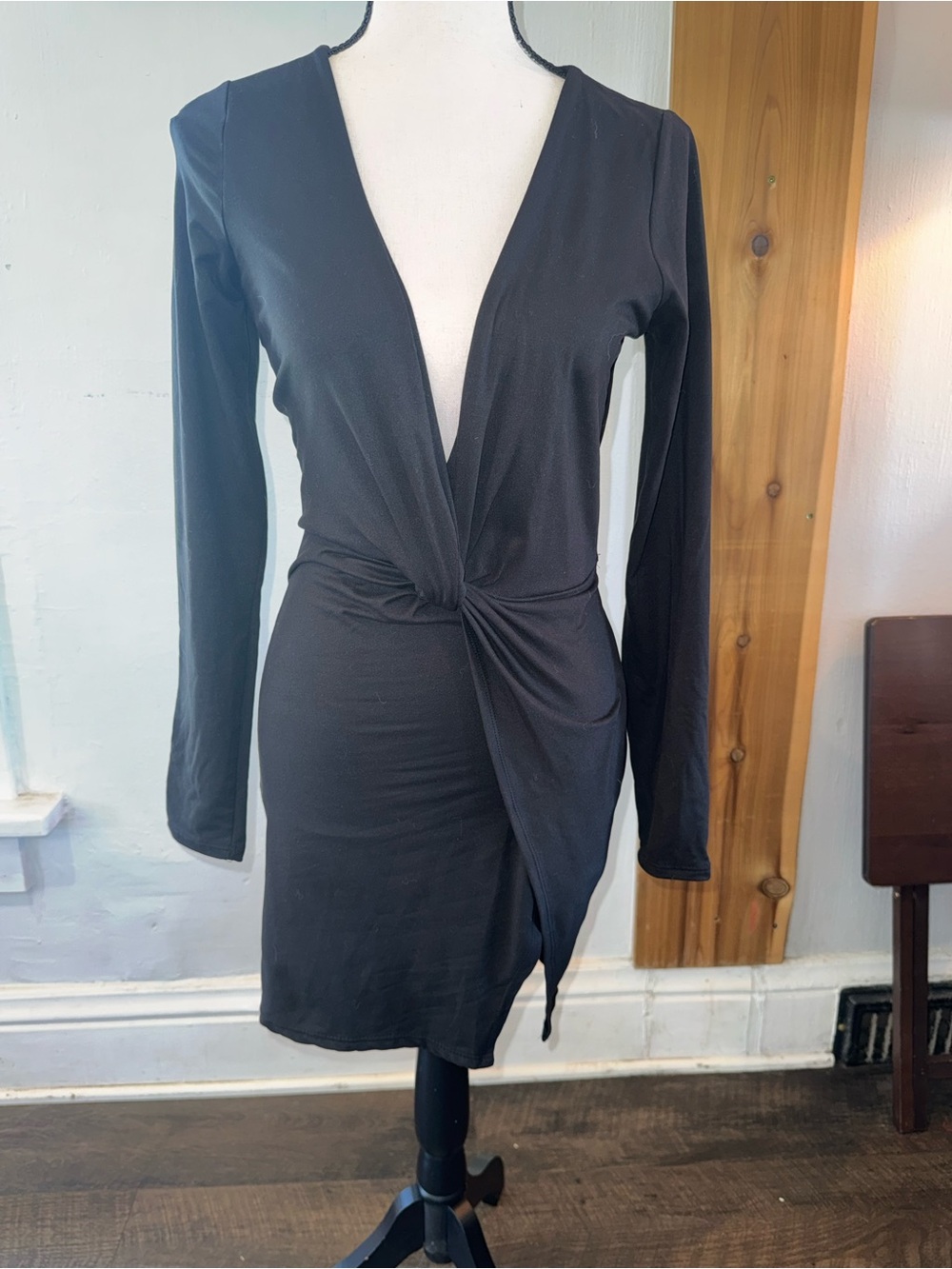 Fashion Nova Black Long-Sleeve Twist-Front Mini Dress